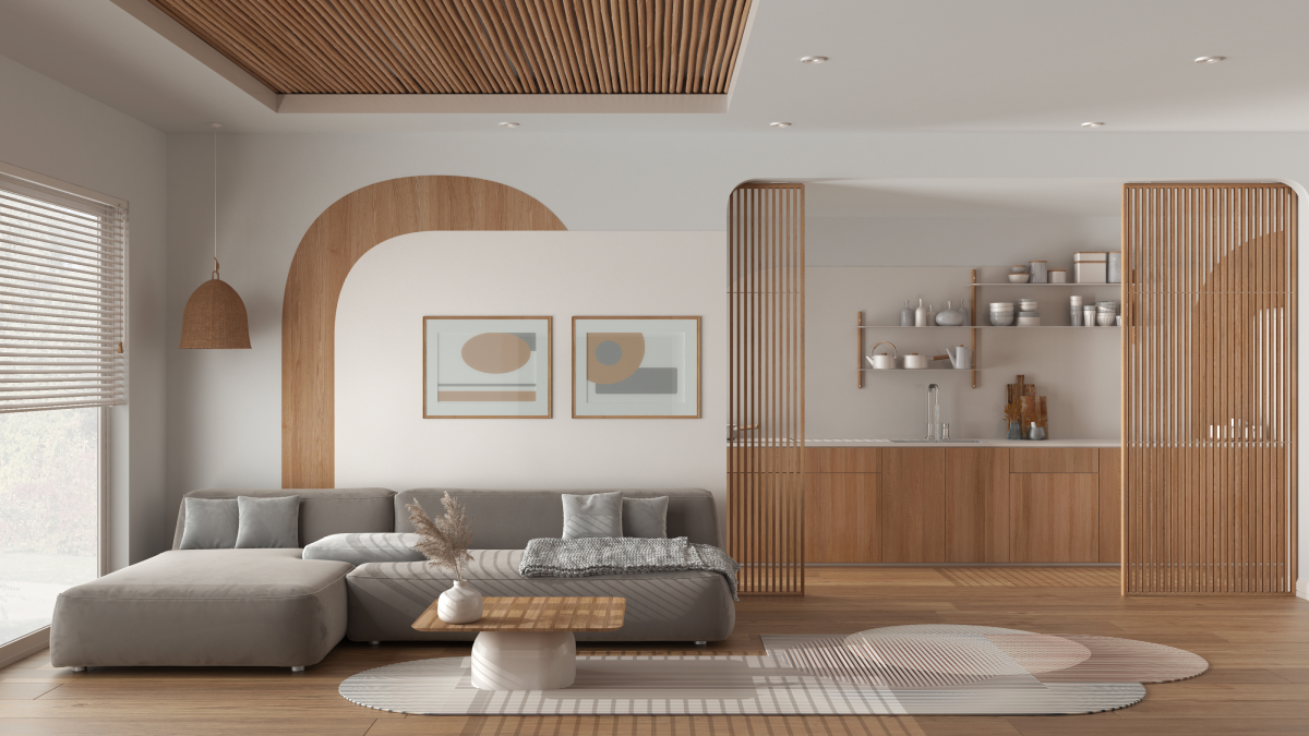 A modern living room with wood accents and blinds