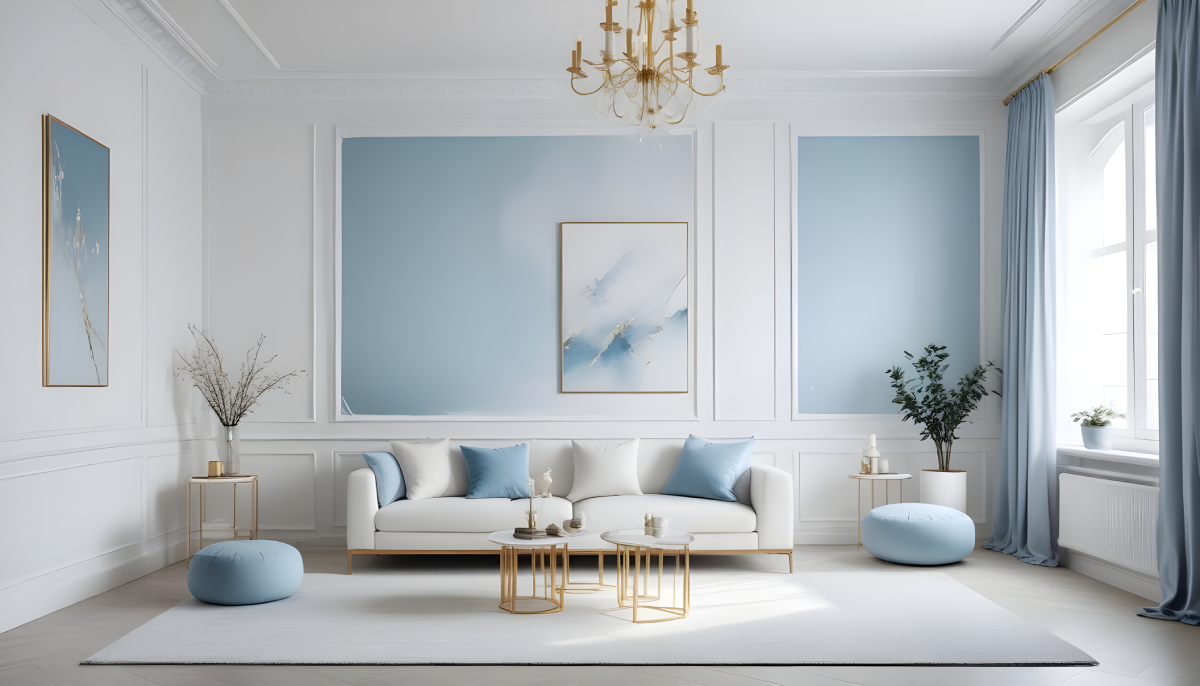 A luxurious modern living room with pale blue accents