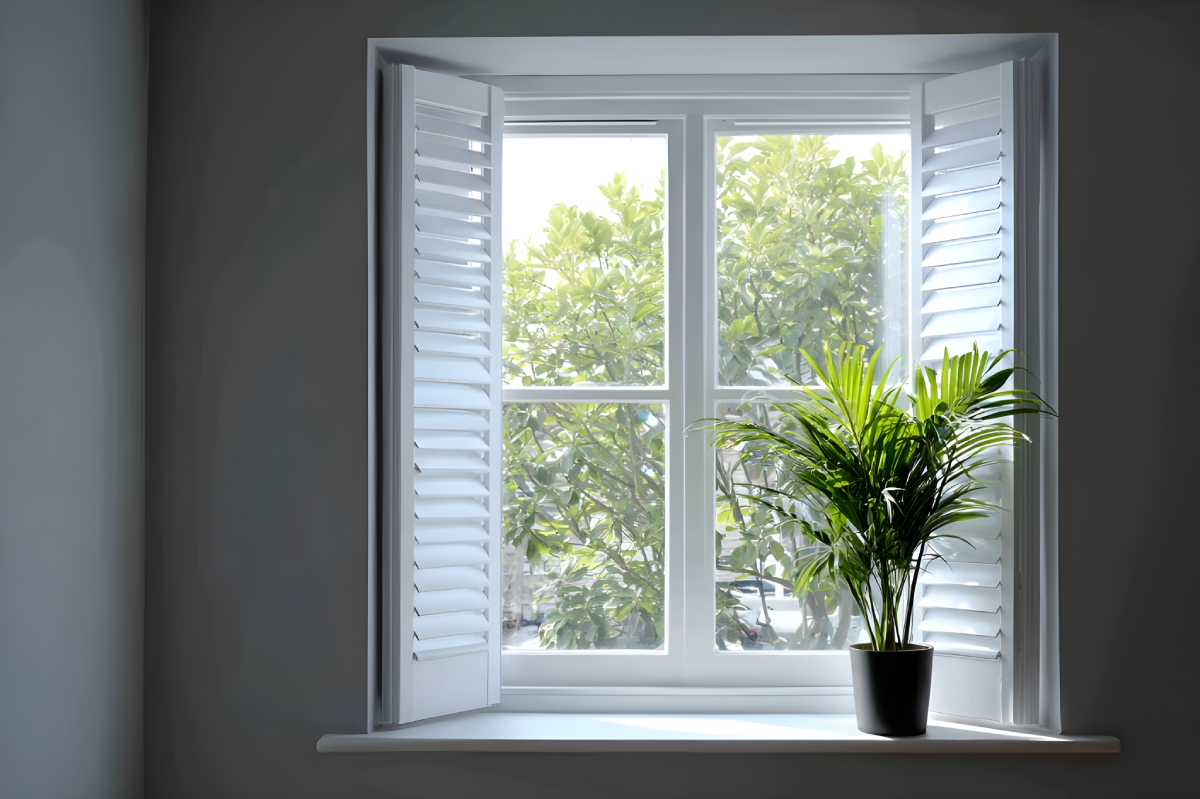 A set of white interior shutters on a window