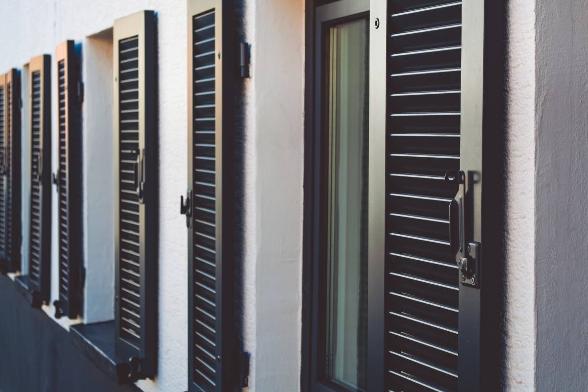 Black wooden shutters on a building near Charleston and Beaufort, SC