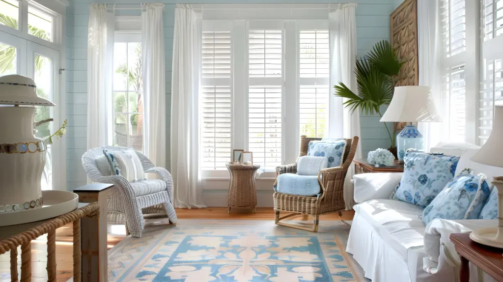 Types of Window Shutters Near Charleston and Beaufort, SC 1 coastal sitting room with white plantation shutters, drapery, and rattan furniture