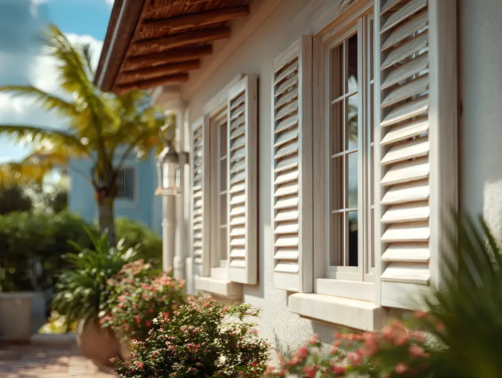 Types of Window Shutters Near Charleston and Beaufort, SC 2 beige hurricane shutters on the exterior of a coastal home